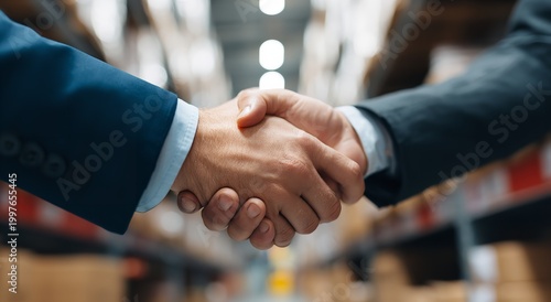 Two business professionals in tailored suits engage in a firm handshake within a vast distribution warehouse to seal a logistics partnership deal