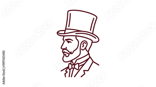 Gentleman in Top Hat: Minimalist Profile Vector Illustration, Vintage Linear Logo Style in Burgundy