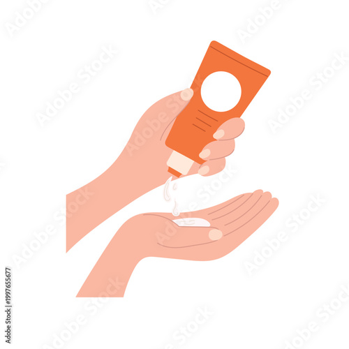 Minimalist skincare concept with hands applying lotion from tube, moisturizing cream routine, soft neutral palette, flat vector illustration 