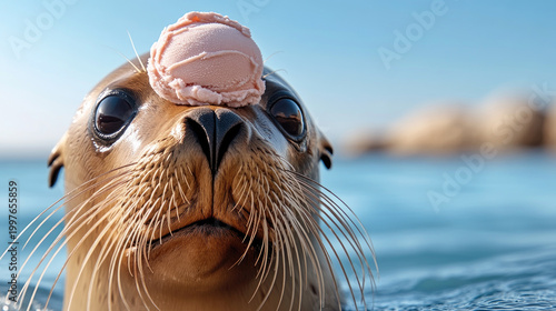 Sea lion balancing a scoop of pink ice cream on its snout, demonstrating amazing skill and focus, capturing a whimsical moment on a tropical sandy beach