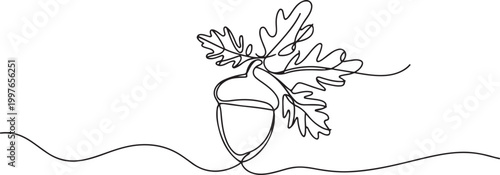 Continuous one line art of a falling acorn with swirling leaves.one line vector illustration on white background