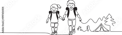 Continuous one line drawing little boy and girl goes camping in nature. Happy kids walking on camping ground, hiking, backpacks, adventure. Family 