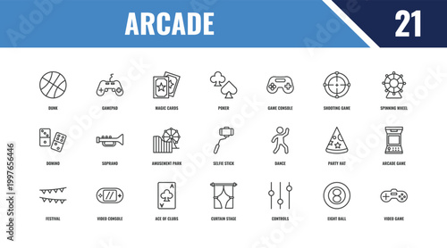 arcade outline icon set. linear vector for ui, web and mobile. thin line gamepad, spinning wheel, dance icons.