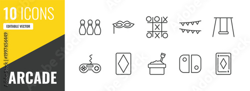 arcade outline icon set. 10 linear vector for ui, web and mobile. thin line bowling pins, masquerade, tic tac toe icons.