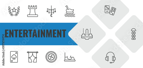 entertainment outline icon set. linear vector for ui, web and mobile. thin line glory, chess piece, childhood icons.