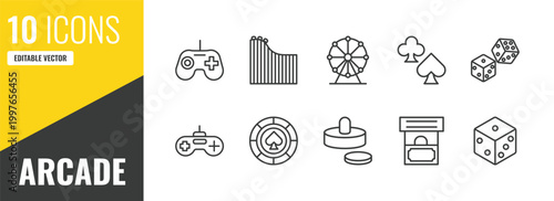 arcade outline icon set. 10 linear vector for ui, web and mobile. thin line joystick, roller coaster, ferris wheel icons.