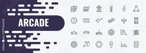 arcade outline icon set. linear vector for ui, web and mobile. thin line slot hine, carousel horse, g clef icons.