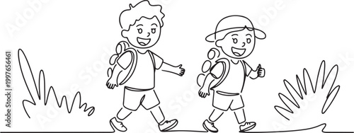 Continuous one line drawing little boy and girl goes camping in nature. Happy kids walking on camping ground, hiking, backpacks, adventure. Family leisure