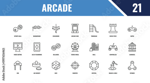 arcade outline icon set. linear vector for ui, web and mobile. thin line masquerade, super, mall icons.