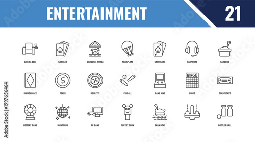 entertainment outline icon set. linear vector for ui, web and mobile. thin line gambler, sandbox, game hine icons.