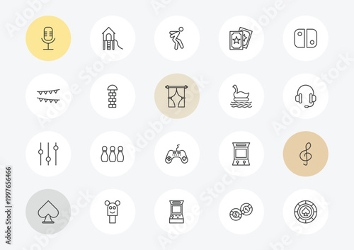 arcade outline icon set. linear vector for ui, web and mobile. thin line voice acting, festival, controls icons.