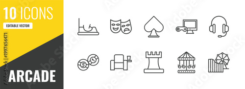 arcade outline icon set. 10 linear vector for ui, web and mobile. thin line bumper car, theater, spades icons.