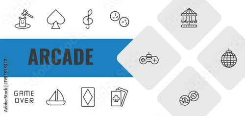 arcade outline icon set. linear vector for ui, web and mobile. thin line whack a mole, ace of spades, g clef icons.