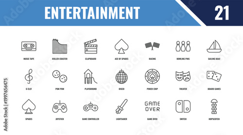 entertainment outline icon set. linear vector for ui, web and mobile. thin line roller coaster, sailing boat, poker chip icons.