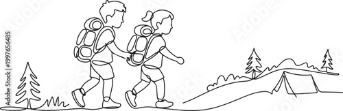 Continuous one line drawing little boy and girl goes camping in nature. Happy kids walking on camping ground, hiking, backpacks, adventure. Family 