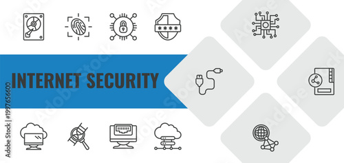 internet security outline icon set. linear vector for ui, web and mobile. thin line hard disc, fingerprint scan, encrypted icons.