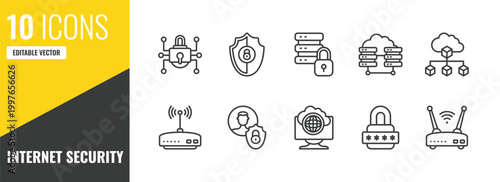 internet security outline icon set. 10 linear vector for ui, web and mobile. thin line traffic encryption, gdpr shield, data protection icons.