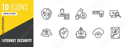internet security outline icon set. 10 linear vector for ui, web and mobile. thin line trojan, network adminstrator, pendrive security icons.