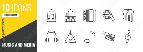 music and media outline icon set. 10 linear vector for ui, web and mobile. thin line music store, organ, accordion icons.