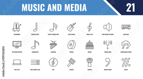 music and media outline icon set. linear vector for ui, web and mobile. thin line quarter note, amplifier, organ icons.