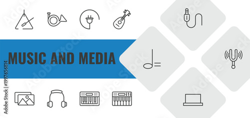 music and media outline icon set. linear vector for ui, web and mobile. thin line music triangle, french horn, charging plug icons.