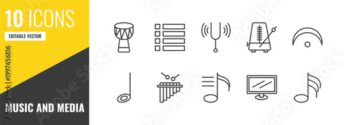 music and media outline icon set. 10 linear vector for ui, web and mobile. thin line djembe, dotted barline, tuning fork icons.