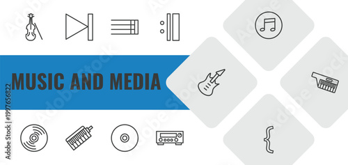 music and media outline icon set. linear vector for ui, web and mobile. thin line violoncello, skip, bold double bar line icons.