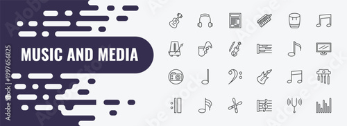 music and media outline icon set. linear vector for ui, web and mobile. thin line music player headphones, newspaper report, bongo icons.