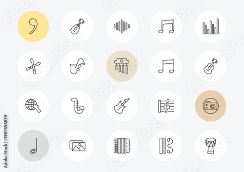 music and media outline icon set. linear vector for ui, web and mobile. thin line breath mark, drumstick, globe with pointer icons.