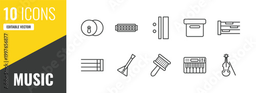 music outline icon set. 10 linear vector for ui, web and mobile. thin line cymbals, harmonica, repeat icons.