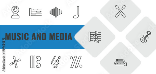 music and media outline icon set. linear vector for ui, web and mobile. thin line webcam video call, whole rest, acoustic icons.