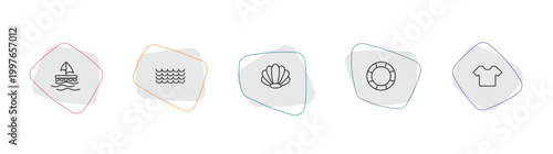 nautical outline icon set. linear vector for ui, web and mobile. thin line wood raft, ocean waves, big shell icons.