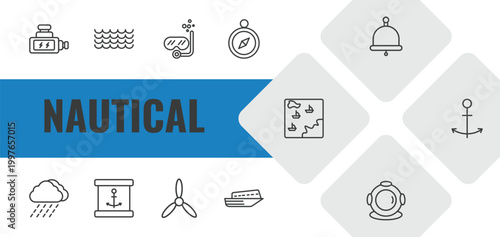 nautical outline icon set. linear vector for ui, web and mobile. thin line ship engine, ocean waves, snorkel icons.