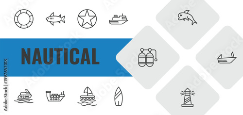 nautical outline icon set. linear vector for ui, web and mobile. thin line big float, shark, star inside circle icons.