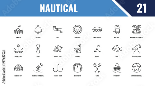 nautical outline icon set. linear vector for ui, web and mobile. thin line big bell, water resist camera, buoys icons.