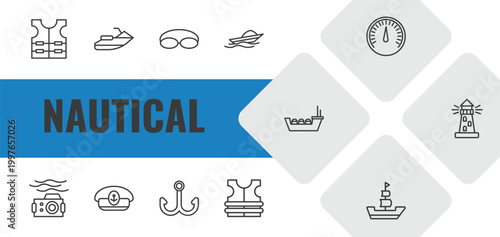 nautical outline icon set. linear vector for ui, web and mobile. thin line vest, facing right, swimming glasses icons.