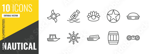 nautical outline icon set. 10 linear vector for ui, web and mobile. thin line ship engine propeller, message in a bottle, pearl icons.