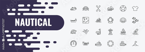 nautical outline icon set. linear vector for ui, web and mobile. thin line rubber raft, double paddle, star inside circle icons.