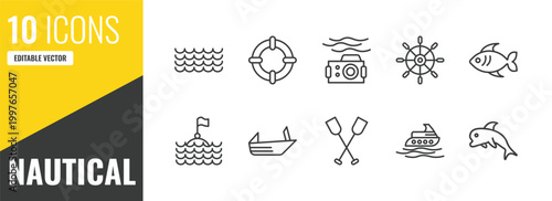 nautical outline icon set. 10 linear vector for ui, web and mobile. thin line ocean waves, life preserver, water resist camera icons.