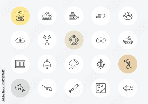 nautical outline icon set. linear vector for ui, web and mobile. thin line water resist camera, sailor cap, big crate icons.