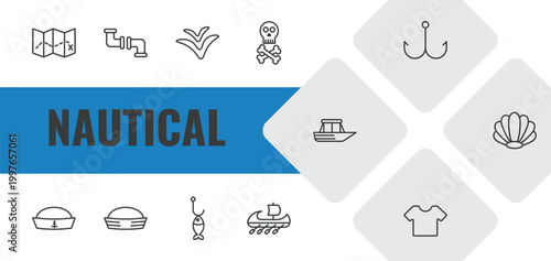 nautical outline icon set. linear vector for ui, web and mobile. thin line treasure map, pipe, seagull icons.
