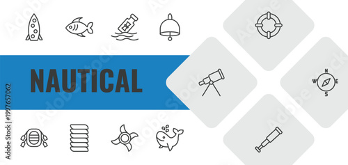 nautical outline icon set. linear vector for ui, web and mobile. thin line one suroard, fish, message in a bottle icons.