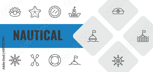 nautical outline icon set. linear vector for ui, web and mobile. thin line pearl, starfish, submarine window icons.