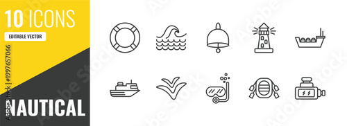 nautical outline icon set. 10 linear vector for ui, web and mobile. thin line lifesaver, sea, big bell icons.