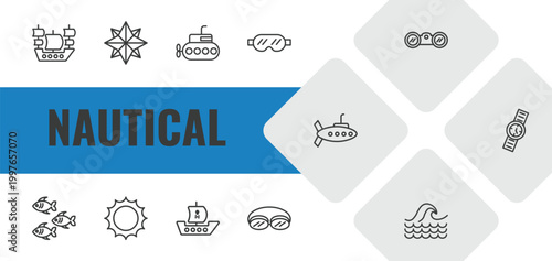nautical outline icon set. linear vector for ui, web and mobile. thin line old galleon, wind rose, submarine facing right icons.