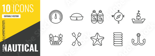 nautical outline icon set. 10 linear vector for ui, web and mobile. thin line barometer, prawn facing left, oxygen tank icons.