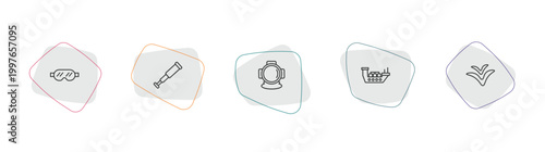 nautical outline icon set. linear vector for ui, web and mobile. thin line snorkling glasses, nautical monocular, aqualung icons.