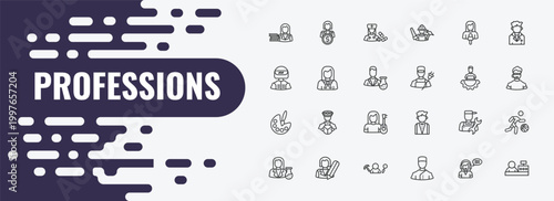 professions outline icon set. linear vector for ui, web and mobile. thin line financial manager, pharist, journalist icons.