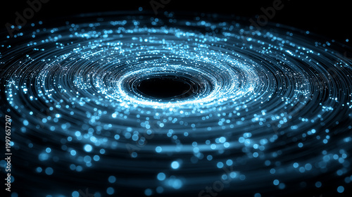 Swirling luminous particles forming a circular vortex to represent data flow, digital gravity, and centralized information processing.

