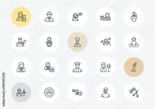 professions outline icon set. linear vector for ui, web and mobile. thin line pediatrician, painter, lawyer icons.
